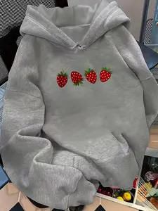 New Women's Casual Fitted Fashion Sweatshirt Strawberry Print Kangaroo Pocket Drawstring Hoodie, Daily Wear, Fall & Winter Clothing