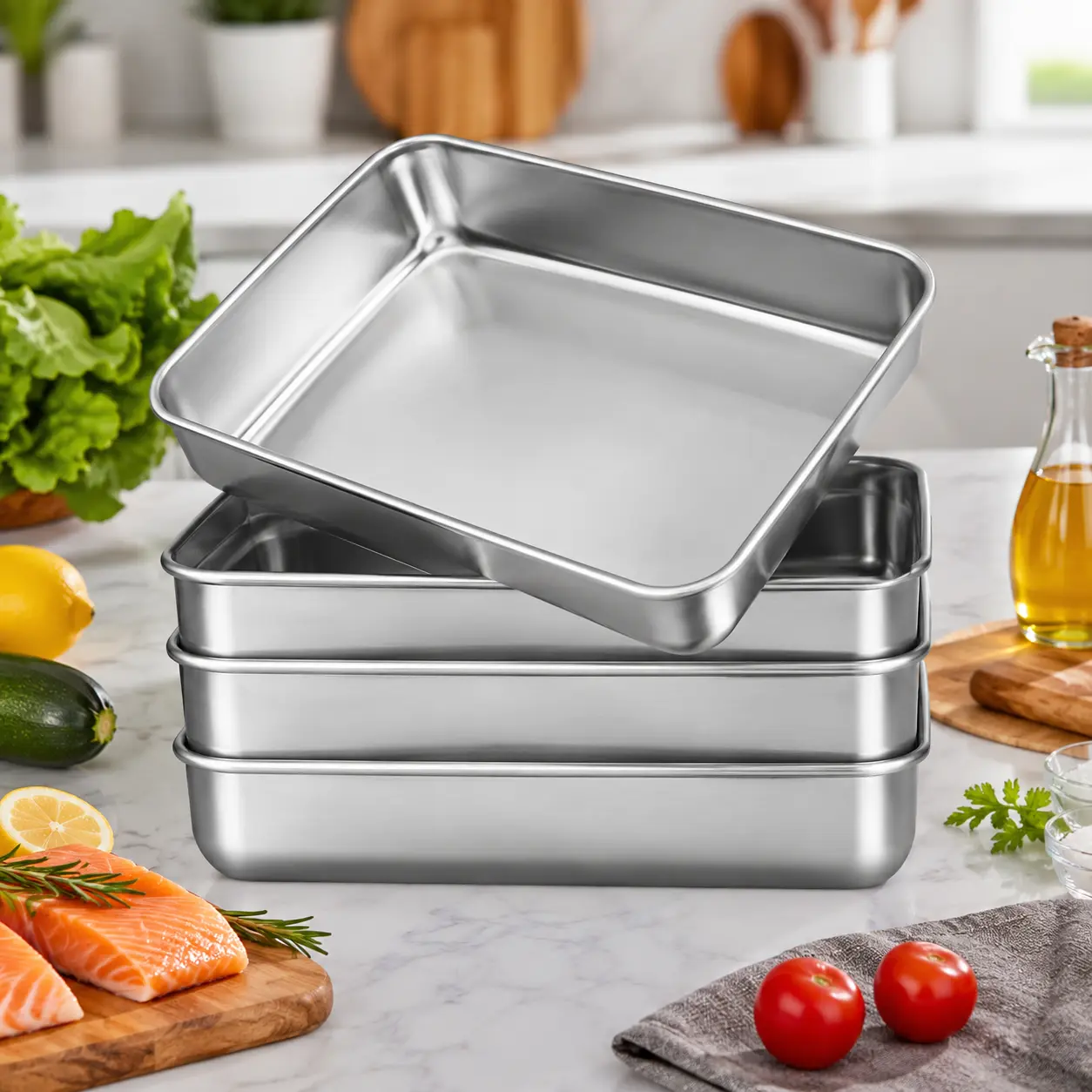 6-Pack Square Metallic Stainless Steel Deep Baking Trays - Eco-Friendly Food Containers Bakeware Set, Rust-Free, Stackable Cabinet-Saving, Oven Safe, Dishwasher Safe, Easy Clean, No Plastic Taste, For Roasting Meal Prepping, Replaces Cracked Plastic, Mini