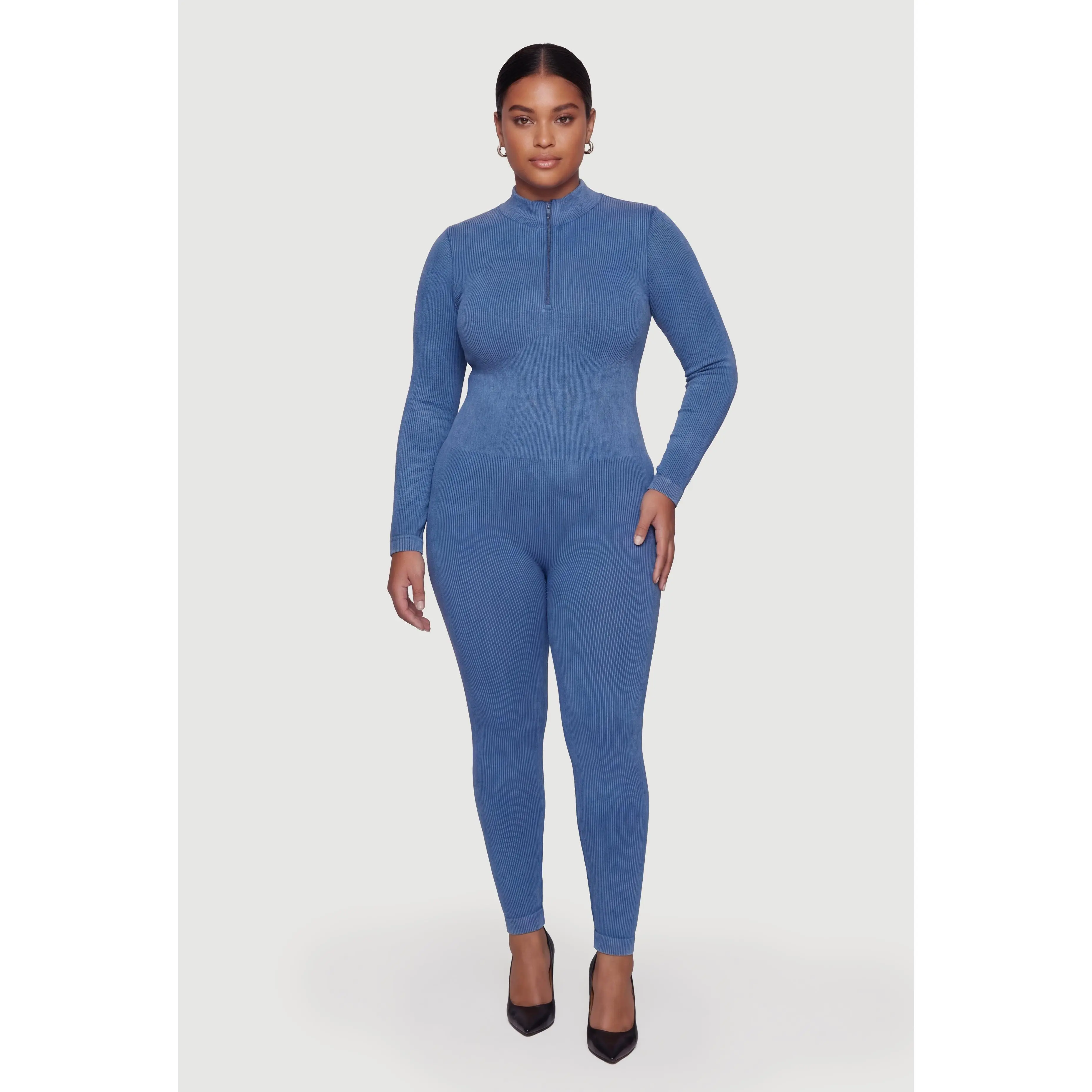 Plus Size Acid Wash Seamless Ribbed Long Sleeve Catsuit