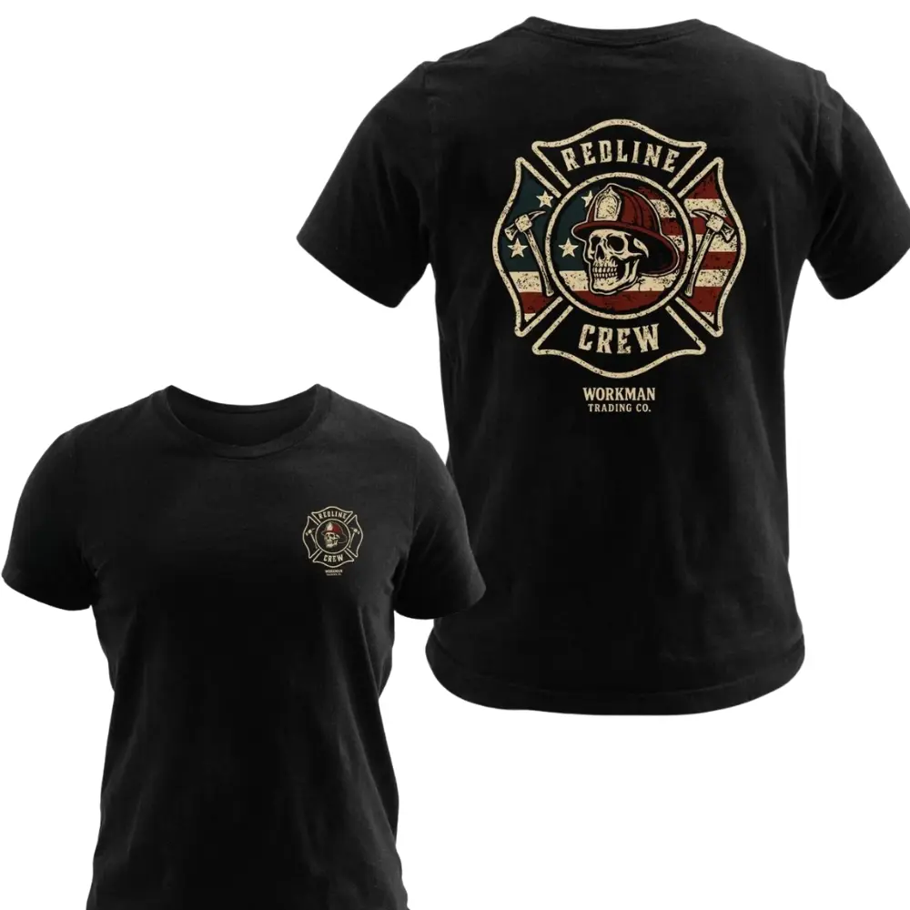 Redline Crew Firefighter Skull Graphic T-Shirt, American Flag Firefighter Tee, Soft Cotton Blend Shirt, Bold Firefighting Crew Apparel for Men, Firefighter Gift