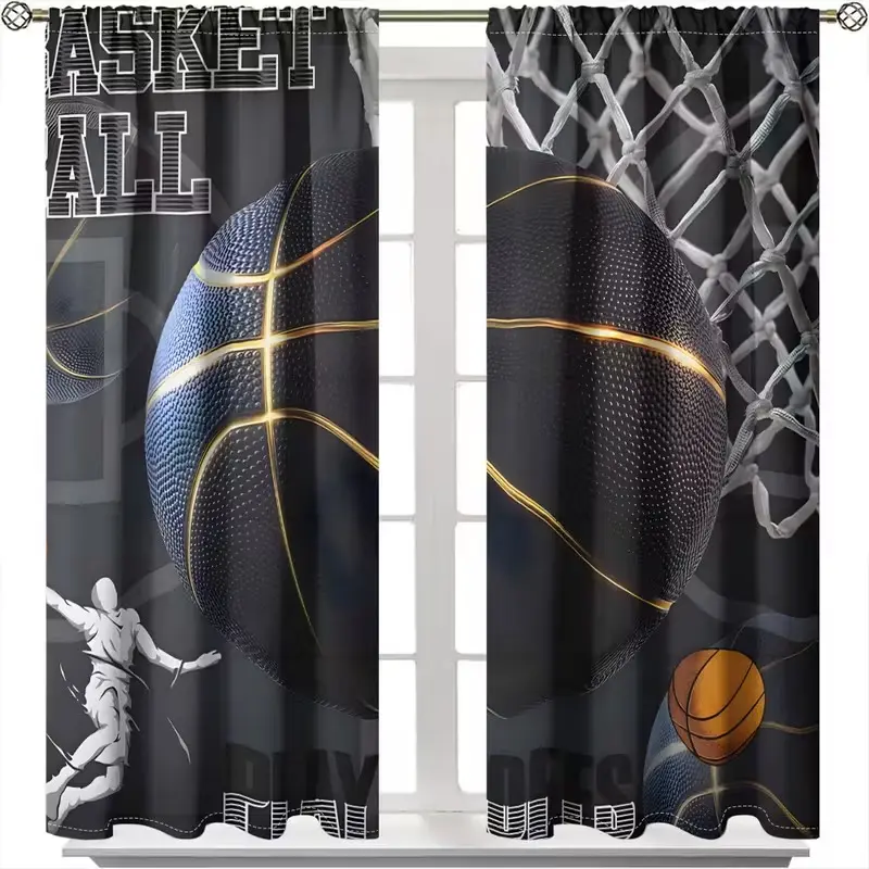 2pcs Sports Basketball Print Curtains, Curtain for Windows, HD Digital Printing, Rod Pocket Installation, 100% Polyester, All-Season UV Protection Drapes