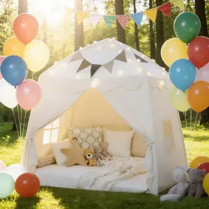 Teepee Tent with Star Lights & Tassels Portable Indoor/Outdoor Playhouse for Kids Imaginative Play Cozy Bedding Colorful Balloons mesh window beach blanket removable sidewall
