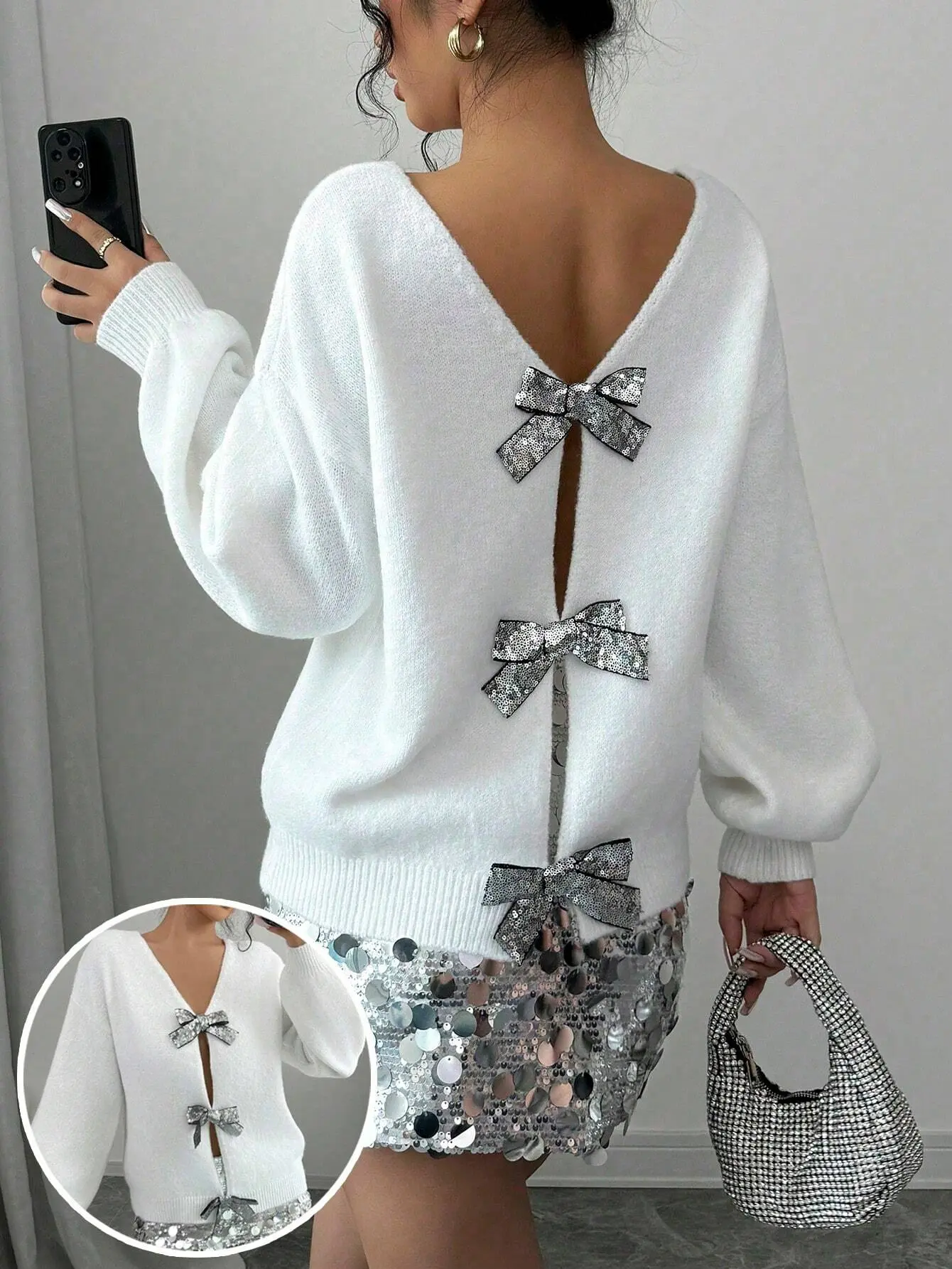 ELEGANTSUT Women's White Long-Sleeve Fitted Knit Sweater - Glam Back Bow, Rhinestone Detail, Soft Warm, Freshness, Casual Going-Out Knitwear Top
