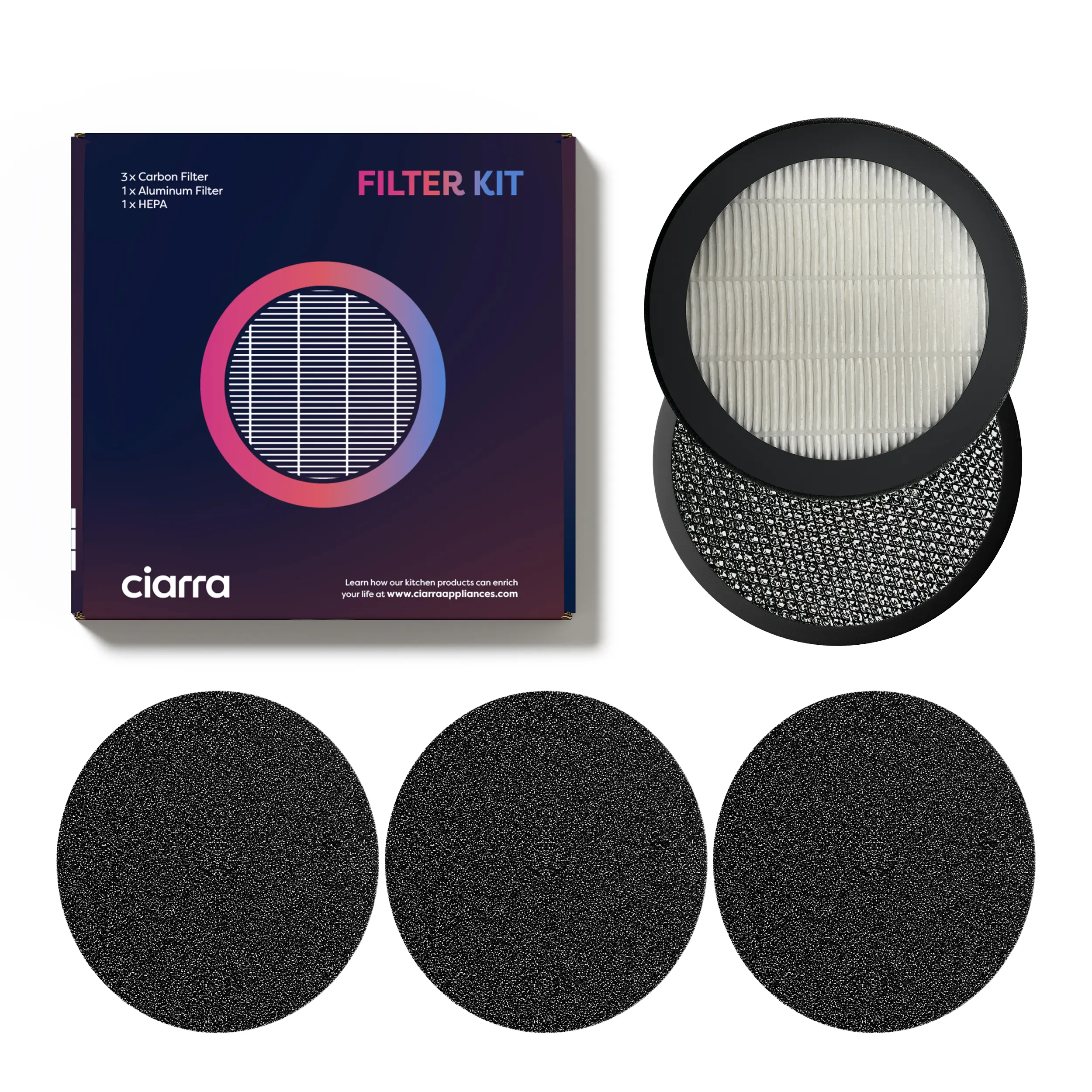 Ciarra HOOD TO GO Replacement Filter Set,includes Activated Carbon Filter , Aluminium Grease Filter , HEPA Removes smells during cooking， Essential for recirculating cooker hoods | 1 Year Extended Warranty