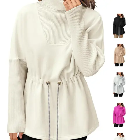 FISOEW Women's Fleece Turtleneck Pullover Hoodie Sweatshirt - Ribbed Knit Detail, Soft Fabric, Drawstring Waist, Long Sleeve, Side Slit Tunic, Extra Warmth, Casual Everyday Style Tops for Women