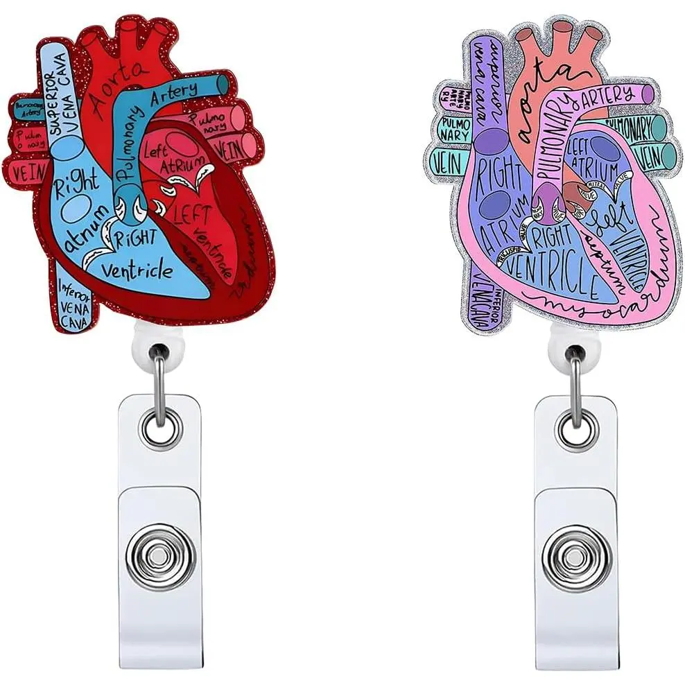 2P Funny Cardiac Retractable Badge Reel with ID Clip Name Tag Card  for  Nurse Heart Anatomy  Student  Worker  Clip