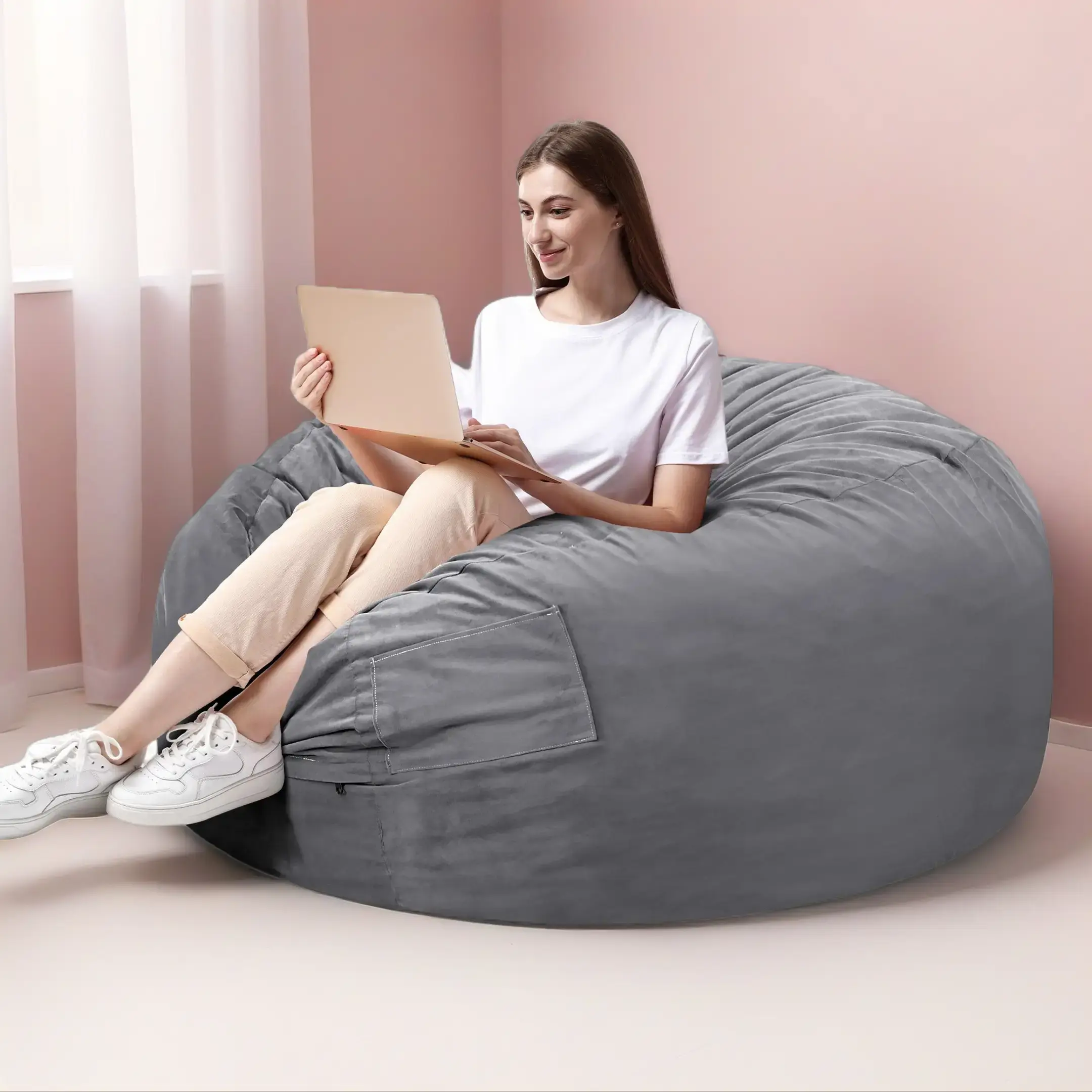 Oversized Bean Bag Chair - Foam-Filled Modern Couch, Fluffy Modern Sofa Indoor Furniture with Soft Removable Cover, Giant Comfy Seat for Gaming, Reading