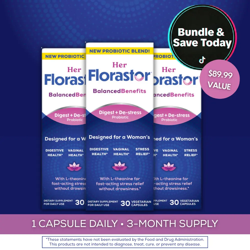 Her Florastor Balanced Digestive Health + De-stress Probiotic Supplement with L-theanine for Stress Relief Vegetarian Capsules for Women Wellness