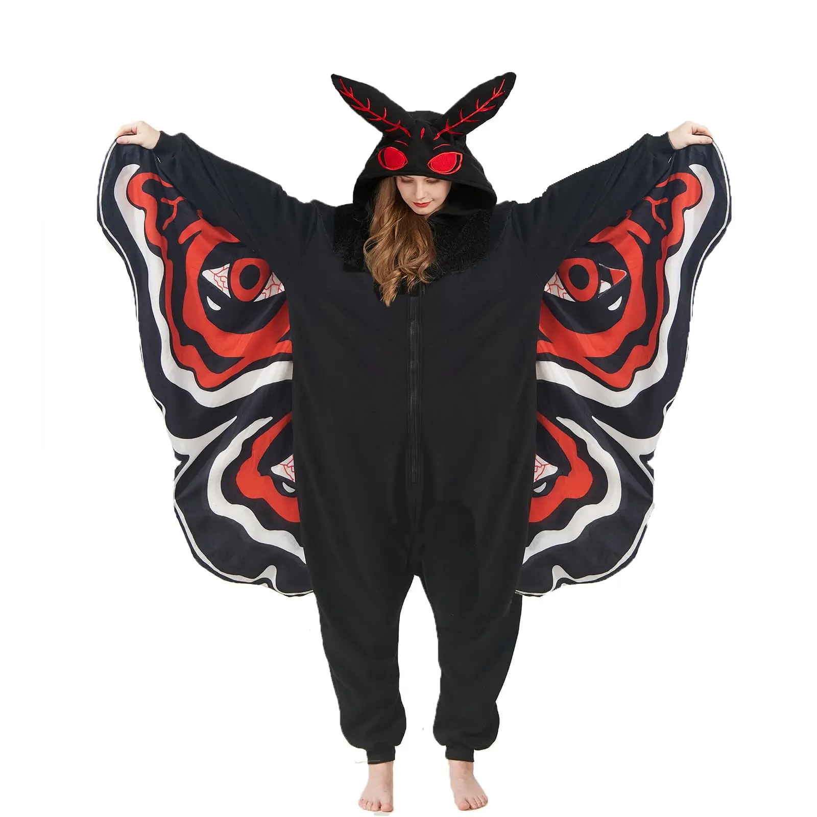 Women's Baggy Mothman Cartoon Print Knitting Fleece Long-Sleeve Onesies Pajama Set - Loose Zipper, Big Wings, Breathable, Unisex Holiday Halloween Cosplay Loungewear, Plaid Pumpkin Print, Halloween Gift, Perfect Gift Idea, Polar Fleece, All-Seasons, Casua