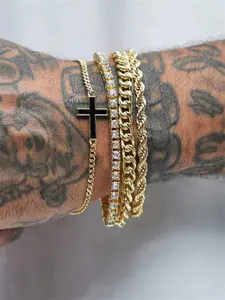 Minimalist Punk Hip-Hop Oxidized Zircon Cross Chain Bracelet Set, Adjustable Bangle Jewelry, Unisex Couple Vacation Gift, Daily Wear Neutral Style, Suitable for Boyfriend/friend