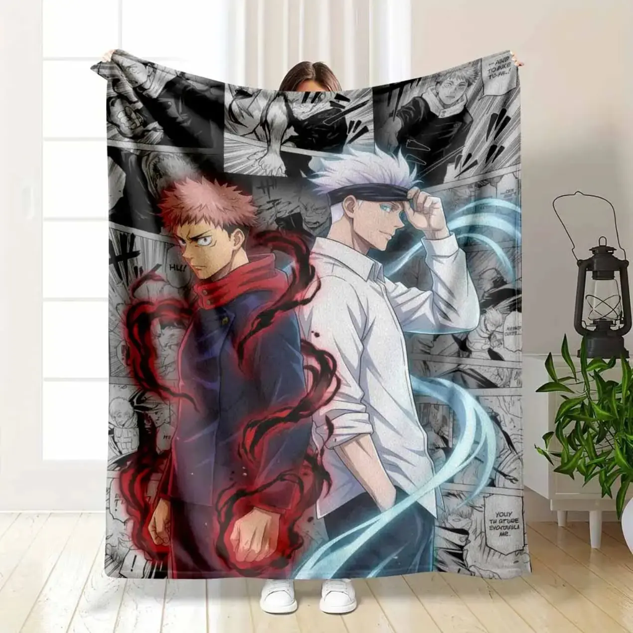 summerwins Cursed Awakening Duo Heroes & Dual Aura Manga Collage Flannel Velvet Blanket - Cartoon Art, Anime Theme, Dynamic Energy Print, Cozy Soft Throw, All Seasons, Bed & Sofa, Otaku Collectible Holiday Gift