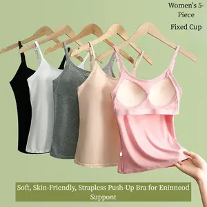 Women's 5-Piece Women's Solid Casual Fitted SleevelessAdjustable Spaghetti Strap Padded CamiTop, Casual Comfy Breathable Camisole,Ladies Top for All Seasons