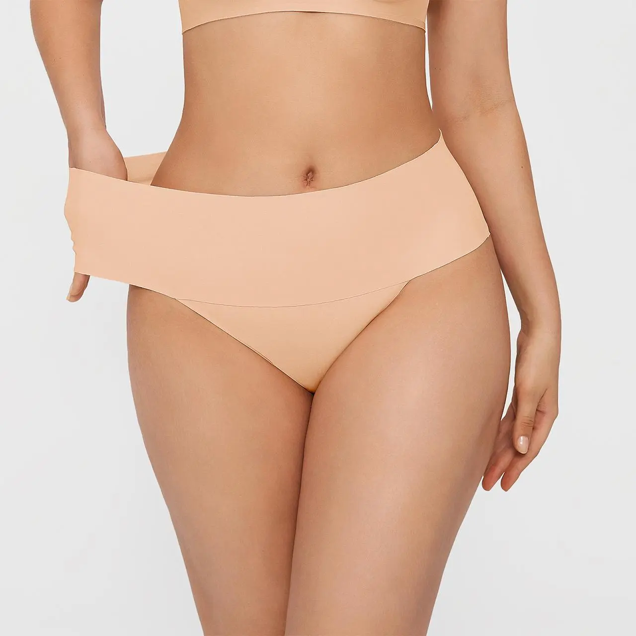 Popilush Seamless High‑Waist Tummy Control Thong Compression Elastic Butt Lifting Panties Soft Stretch Breathable Slim Fit Underwear for Women
