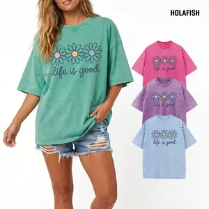 Holafish Women's Upgraded Acid Wash Cotton Graphic Tee - Casual Wear Daisy Print, Drop Shoulder, Baggy Unisex Hip Hop Vintage Streetwear, Women's Clothes Tops, Mother's Day Gift
