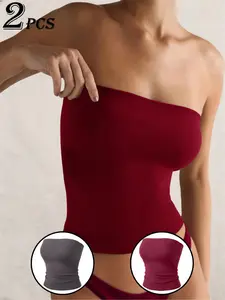 2-Piece Spring Summer High Elastic Fitted Basic Tube Top Set, Anti-Exposure Strapless Wrap Top, Casual All-Season Wear, Sexy Style
