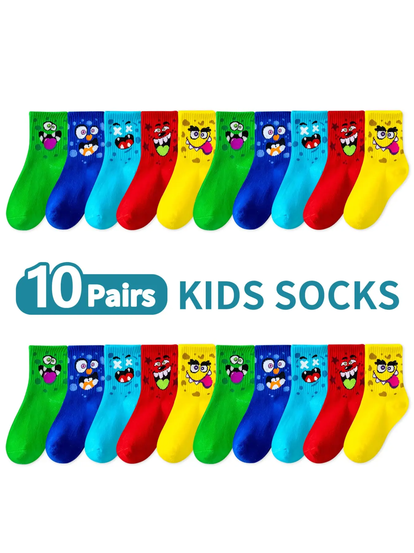 10 Pairs Kids Mid-Calf Cartoon Expression Colorful Animal Socks, Soft Breathable All-Season Casual Sports Socks for Boys and Girls