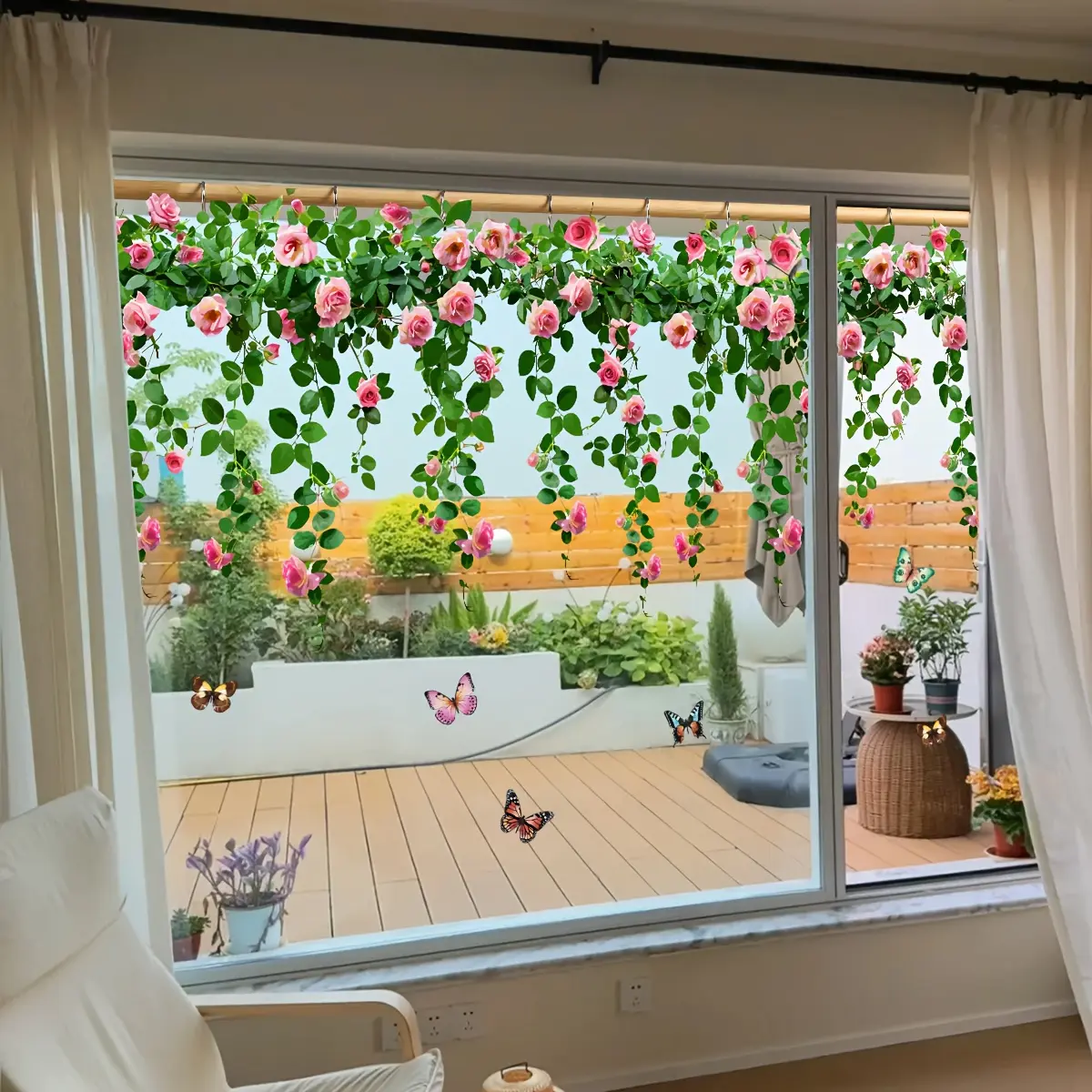 A set (30*90cm*2pcs) of vine and flower window stickers, double-sided visible static glass stickers, for decorating windows in bedrooms, living rooms, Decorative Decal, Floral Pattern Sticker, Decoration Sticker, model D16065