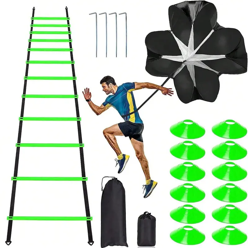 Pro Speed & Agility Training Set—Includes 12 Rung 20ft Adjustable Agility Ladder with Carrying Bag, 12 Disc Cones, 4 Steel Stakes, 1 Resistance Parachute, Use Equipment to Improve Footwork Any Sport