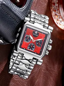 Men's Square Analog Watch, Alloy Case, Snake Bone Strap, Grid Dial, Large Crown, Fashion Street Style, All Seasons