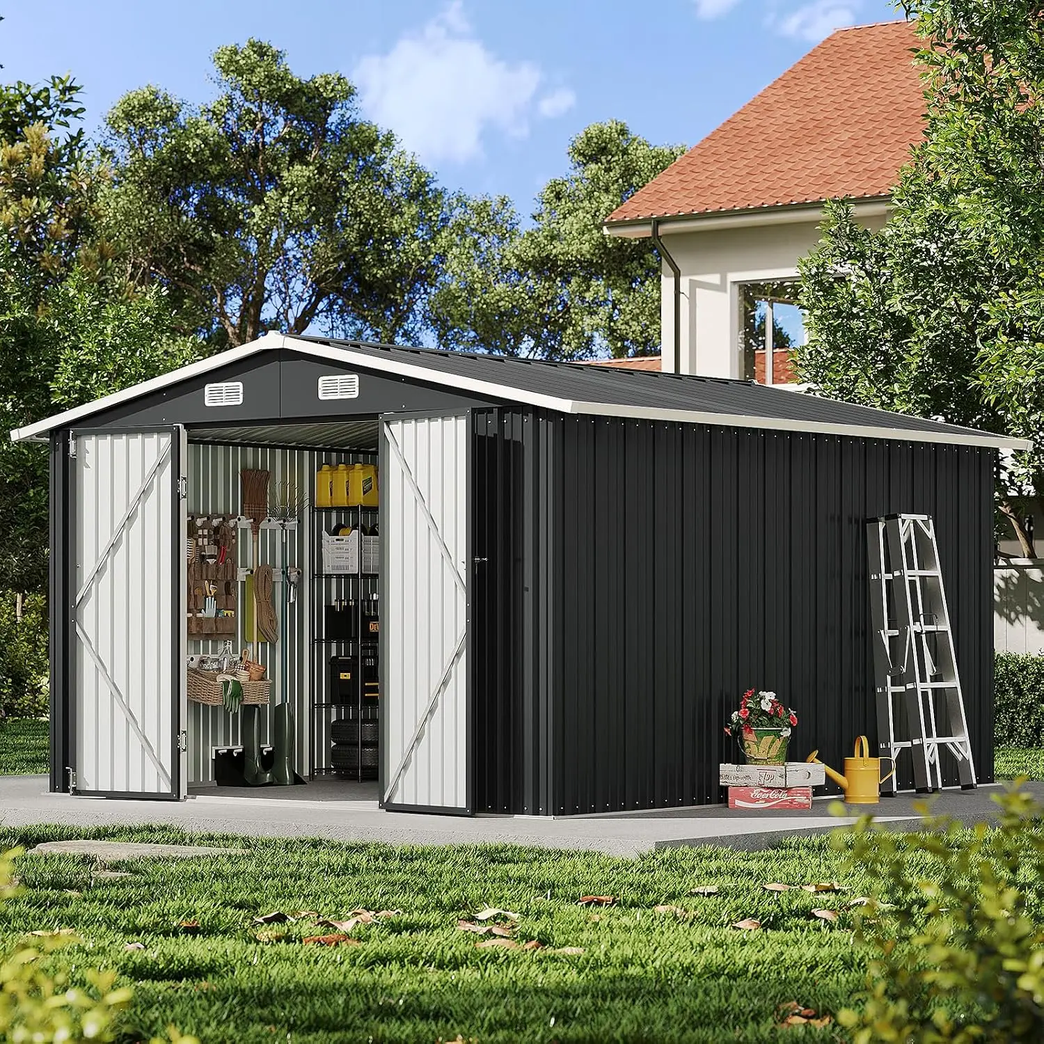 Aoxun Outdoor Metal Storage Shed, Weatherproof Garden Tool Shed with Lockable Door and Sloped Roof, Heavy Duty Utility Storage Shed for Backyard, Garden and Patio