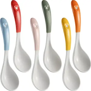 Set of 6 Ceramic Porcelain Asian Soup Spoons for Ramen Pho Miso Cereal Stews Wonton Dumpling (Model 1#)
