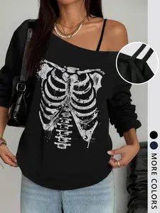 Women's Christmas Homecoming Autumn New Design Asymmetrical Shoulder Loose Fit Long Sleeve T-Shirt, Casual Comfortable Skull Print Top
