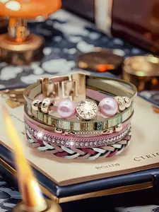 Bohemian Magnetic Buckle Multilayer PU Leather Bracelet, Vintage Sparkling Rhinestones, Graffiti Style Boyfriend Jewelry