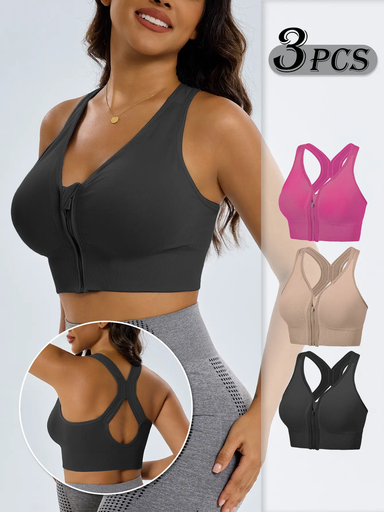 3 Pack Front Zipper Racerback Sports Bra for Women, Seamless Wirefree High Support Workout Yoga Running Athletic Bra S-XL