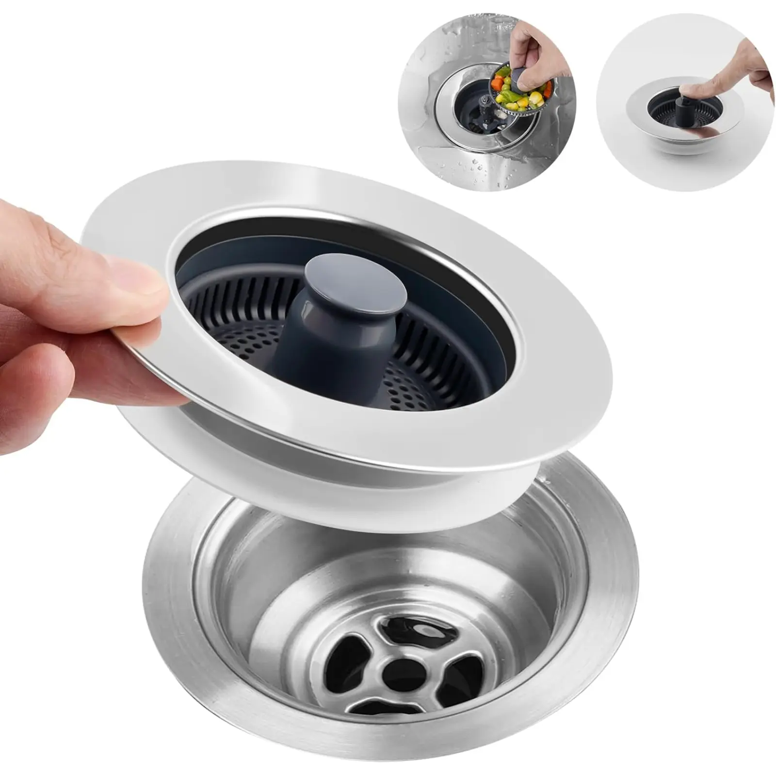 3-in-1 Anti-Clogging Kitchen Sink Drain Strainer Combo - Stainless Steel Wrapped Shell Lift-Up Stopper with Flat Round Handle, 1 Strainer for US Standard 3.5" Drains, Flat Round Handle With 1 Strainer