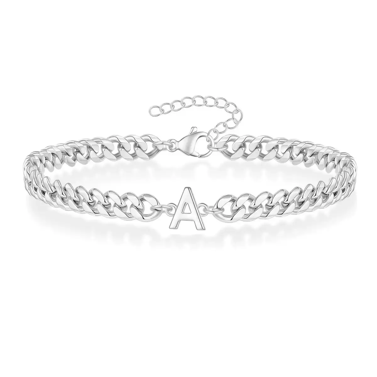 Men's A-Z Initial Cuban Link Bracelet, Silver Stainless Steel 26 Alphabet Letter Bracelet, Adjustable Waterproof Personalized Letter Chain Bracelets Daily Hip Hop Jewelry Gift For Him
