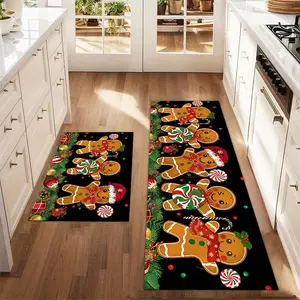 2Pcs Christmas gingerbread man Floor mat set for farmhouse kitchen Rug restaurant floor laundry room decor home decorative rug carpet mat