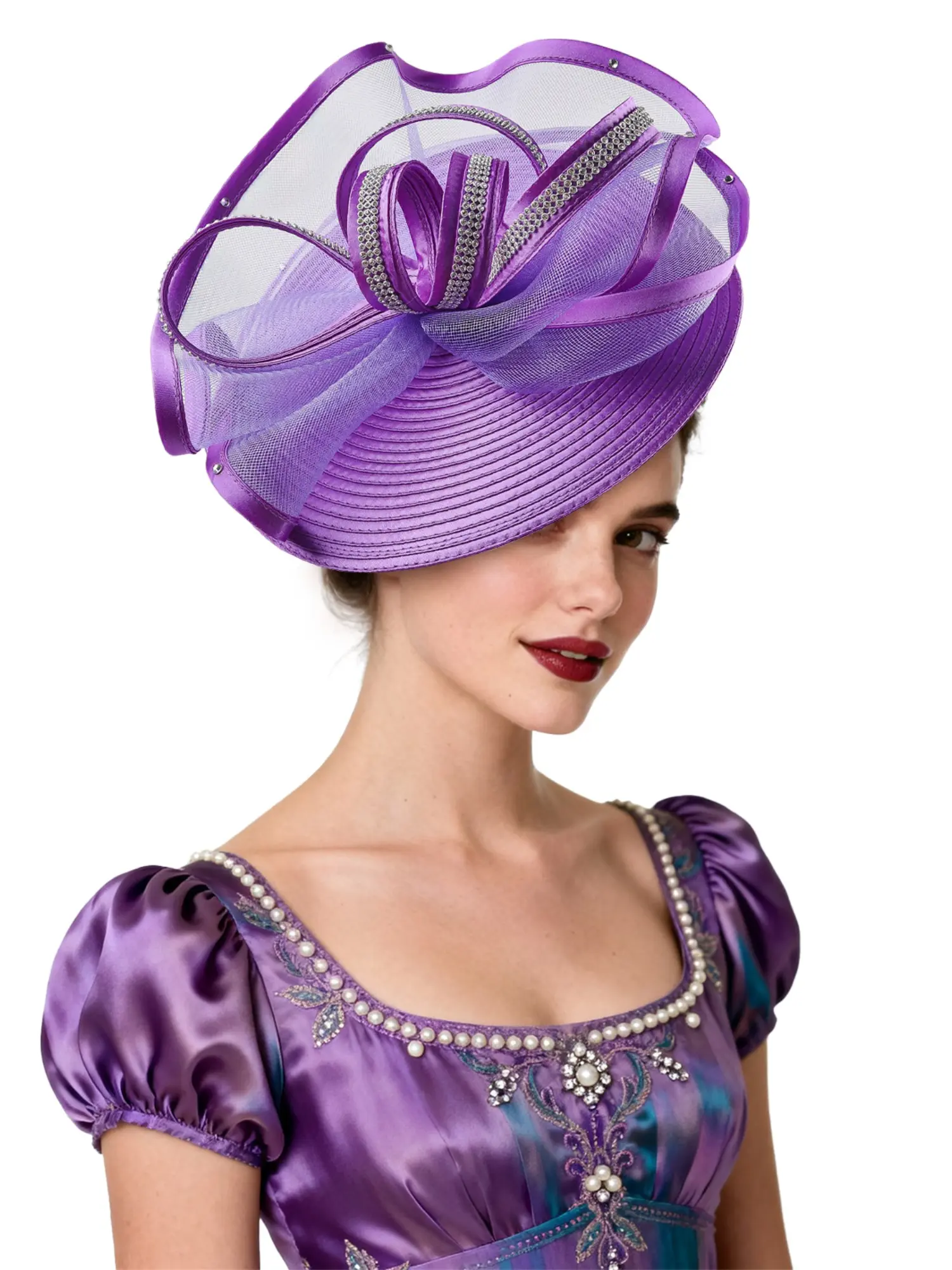 1pcs Women Fascinators Satin Veil Headband Church Hats Bridal Accessory Wedding Party with Rhinestones Elegant Fascinator Hats Ideal for Church Weddings Bride Hair Accessory