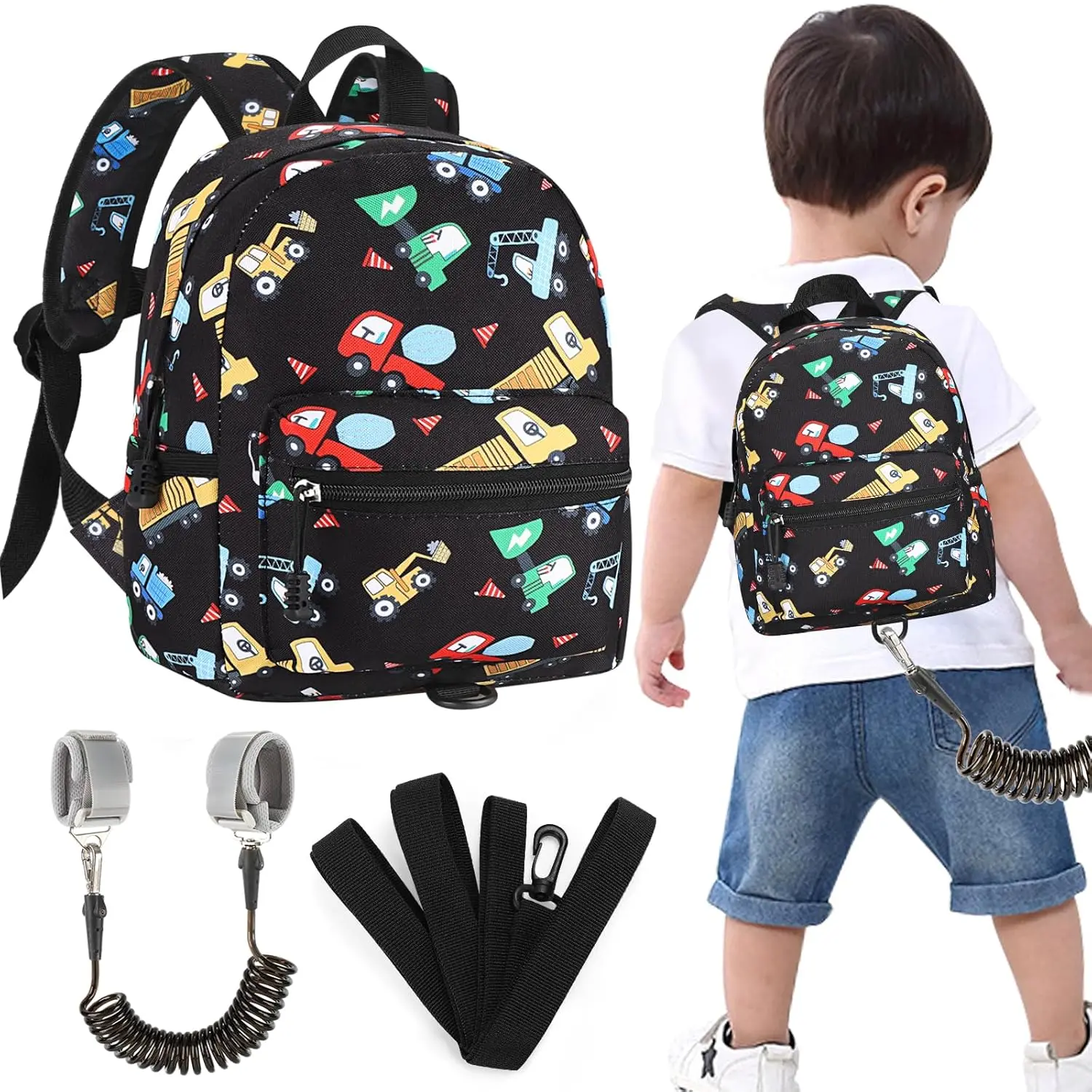 Toddler Harness Backpack Leash, Cute Excavator Kids Backpack with Anti Lost Wrist Link for Outdoor Walking, Mini Black Child Backpack Wristband Tether Leashes for Boys Girls Aged 1-3 Years Old