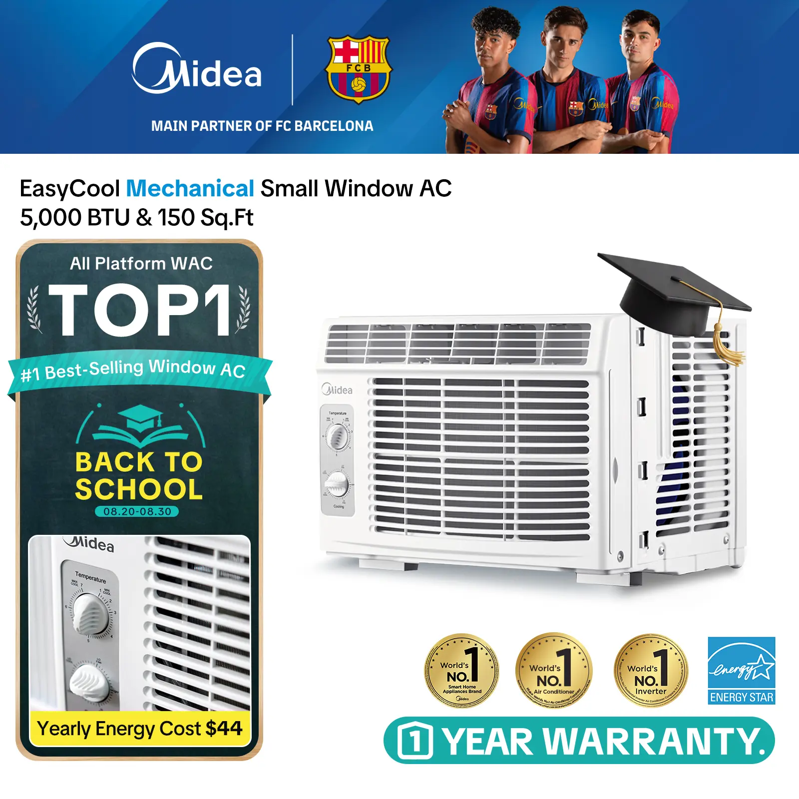 Midea 5,000 BTU EasyCool Mechanical Small Window Air Conditioner - Cool up to 150 Sq. Ft. AC with Easy-to-Use Mechanical Controls and Reusable Filter, Perfect for Small Bedroom, Living Room, Home Office