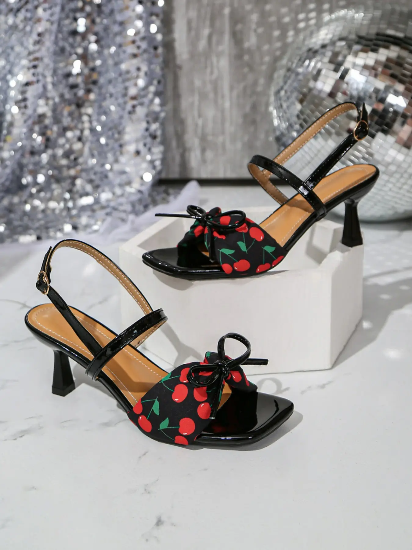 New Summer Backless Cherry Fruit Bowknot Sandals, Women's Cat Heel Sexy Mid-Heel Strap Sandals, Fashionable and Stylish Footwear