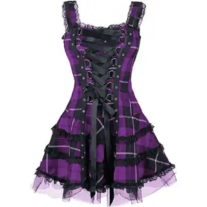 Vintage Plaid Bandage Gothic Women A-line Dresses Grunge Aesthetic Lace Trim Patchwork Mini Dress Punk Bodycon Sexy Partywear Statement Sleeveless Fabric Womenswear(Sheet)
