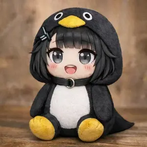 Cute Penguin‑Hood Anime Girl Plush, Chibi Black‑Hair Sitting Stuffed Doll Poseable