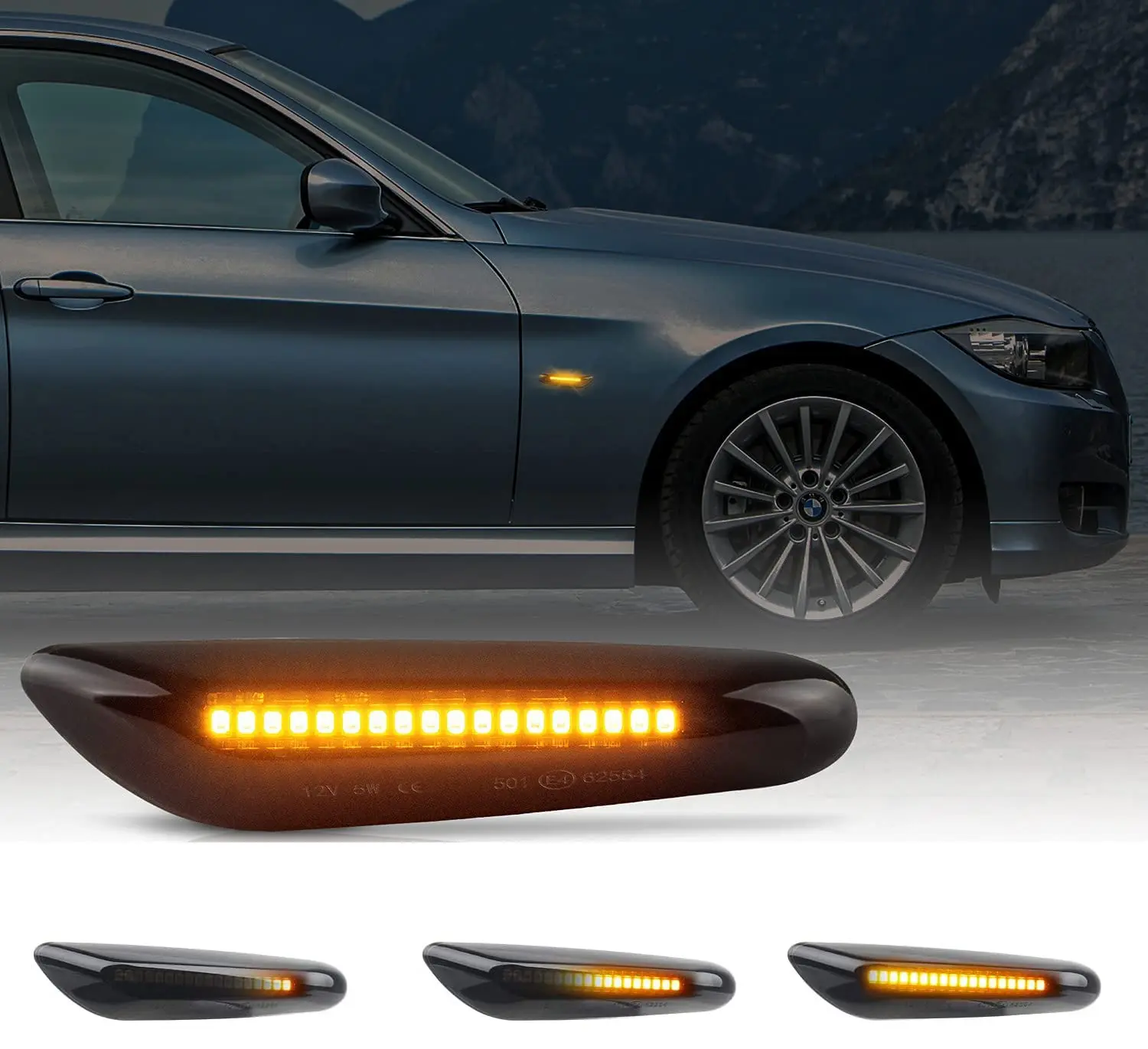 Gempro 2Pcs Sequential Amber LED Side Marker Turn Signal Light Lamp Assembly For BMW E60 E61 E84 E81 E82 E87 E88 E90 E91 E92 E93 E46 E53 X3 E83 X1, Smoke Black