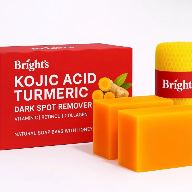 Kojic Acid Soap + African Net Sponge (2 Pack Tumeric Bars) Long Lasting Exfoliating,Dark Spot Remover, Hyperpigmentation
