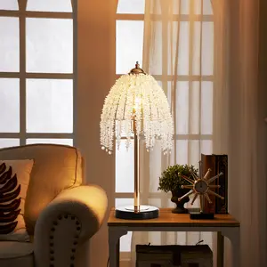 19"(H) Elegant Crystal Table Lamp – Vintage Waterfall Design with Crystal Bead String Shades and Marble Textured Base for Living Room, Bedroom, or Office (Bulb Not Included) On-Site