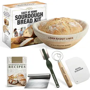 Sourdough Bread Kit - 9-Inch Banneton Proofing Basket with Liner, Whisk, Lame, Scrapers and Recipe Guide | Complete Bread Making Supplies and Sourdough Tools -   Idea for Bakers