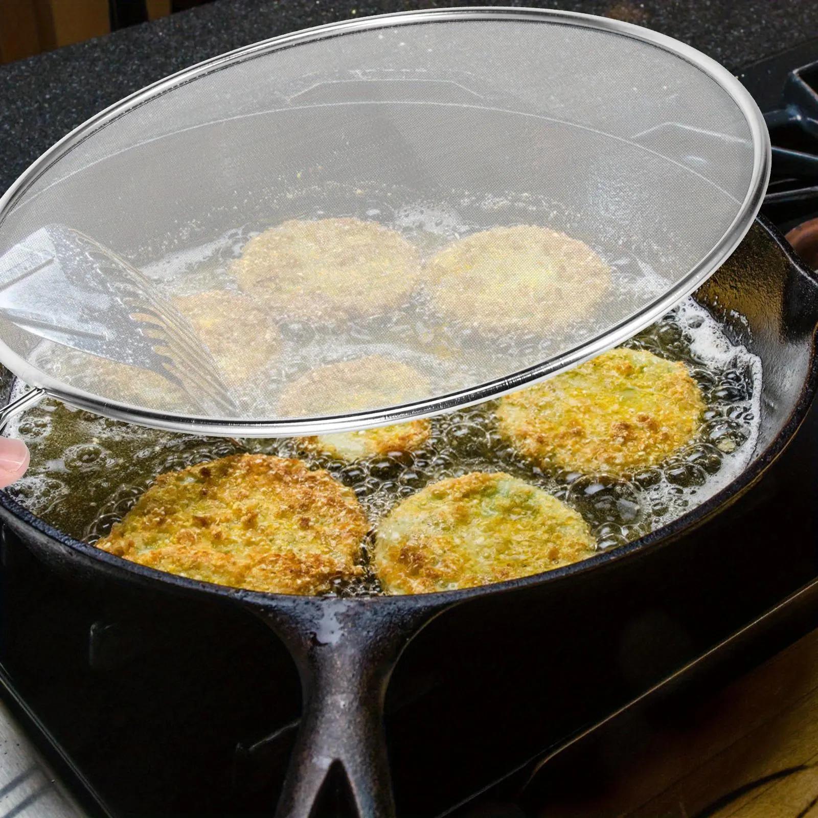 3pcs Splatter Guard with Handle Stainless Steel Mesh Splatter Screen Splash-Proof Oil Splatter Guard Temperature Resistant Splatter Screen Strainer 24.89 cm+28.96 cm+33.02cm for Cooking Frying Pan Splatter Guard Screen Frying Pan Splatter Screen Guard