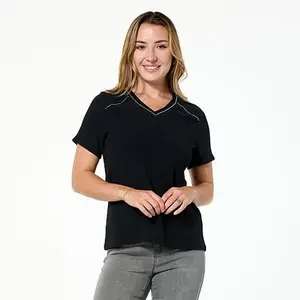 DG2 by Diane Gilman Knit Plissé V-Neck Top with Studded Trim