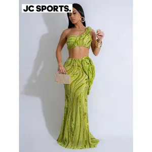 two-piece set woman Womens Dress Set Mesh Sequined Ribbon Sleeveless Strap Top + Long Skirts Sets 2 Two Pcs Sets Sexy Party Evening Oufits