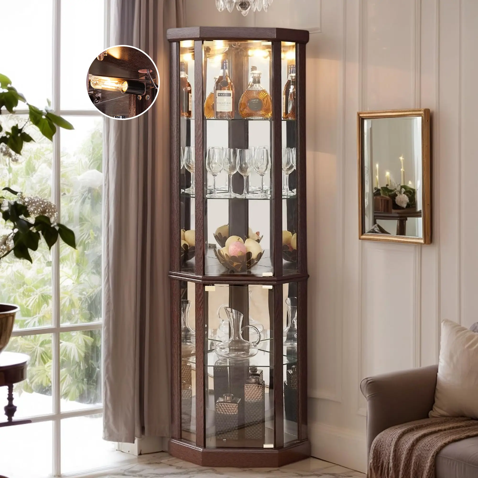 Eyisean 70" Tall Freestanding Glass Display Cabinet with Adjustable Shelve, Bulb Inclued, Corner Curio Cabinet with Glass Doors for Small Spaces, Wooden China Cabinet for Collectibles,  150 Lbs Weight Capacity, Storage Cabinet for Living Room, Home Office