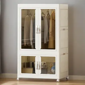 Portable Closet Collapsible Wardrobe with Hanging Rod Storage Organizer Large Capacity Multi-Function Storage Shelf with Clear Door for Living Room Bedroom