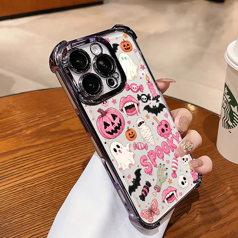 4-Corner Anti-Fall, Cute Candy Pumpkin Ghost Design, Transparent Non-Yellowing Shockproof Cover for iPhone 17 Pro Max,16 Plus,15,14,13,12,11,XR,XS & Samsung Galaxy S26,S25,S24,S23,S22, Girls' Gift.JL119