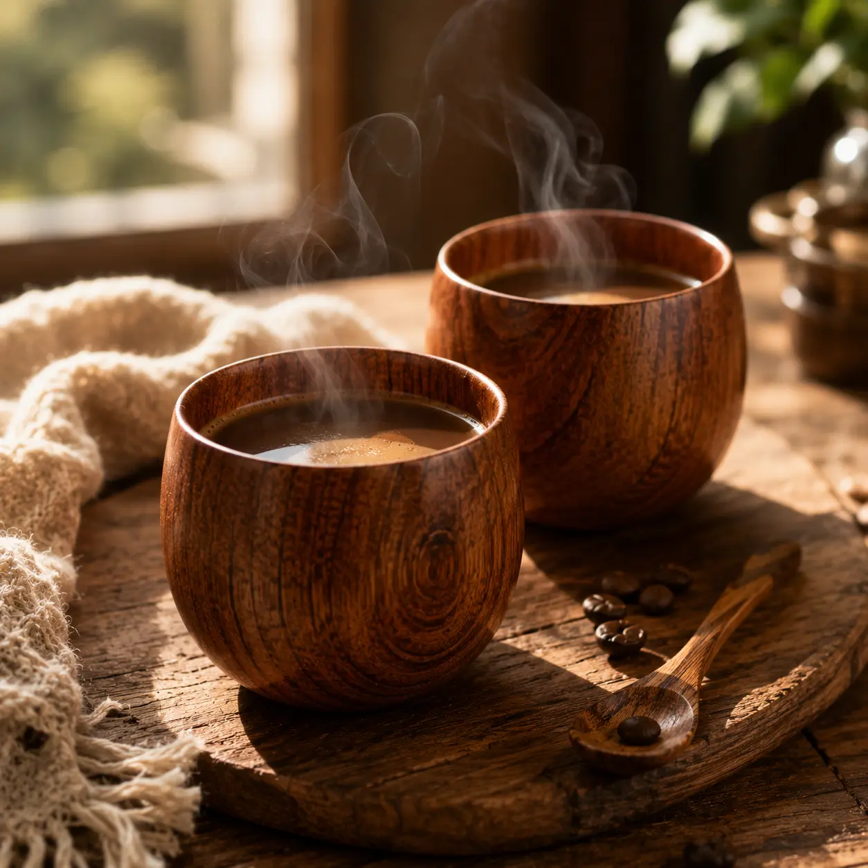 2PCS Wooden Coffee Mugs - Rustic Grain Texture Drinking Cups, Lightweight Coffee Drinkware with Comfortable Grip for Kitchen, Camping Use (Home Supplies)