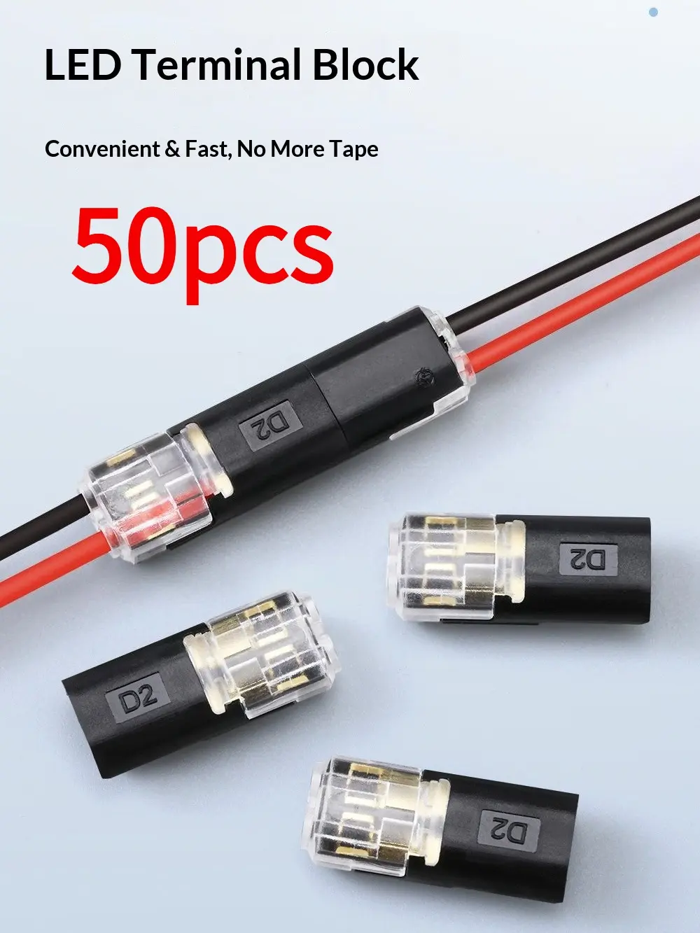 Waterproof Flame-Retardant LED Wire Splice Connectors (1-Pack, 50PCS) - PC Shell, Locking Clip Mechanism, Quick Wiring, No Wire Stripping, 18-22 AWG Compatible, for Home Renovation Electrical Equipment