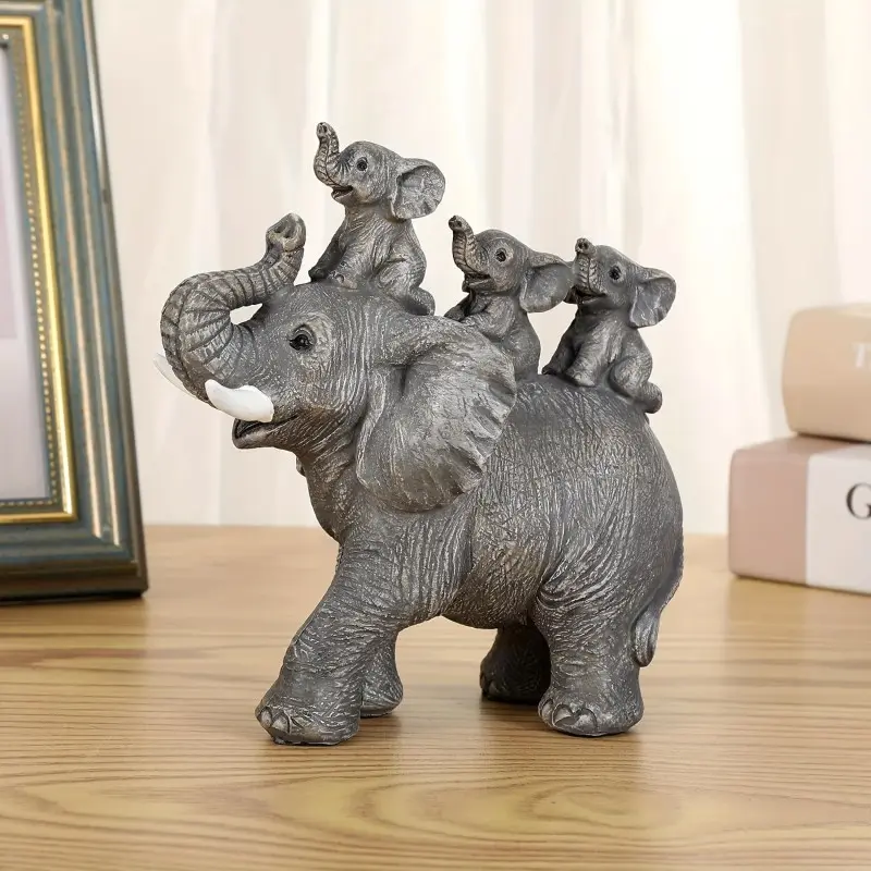 Mother Elephant with 3 Babies Resin Statue, Cute Resin Figurine, Lucky Family Decor for Bookshelf & Desk – Charming Accent for Elephant Lovers & Adults